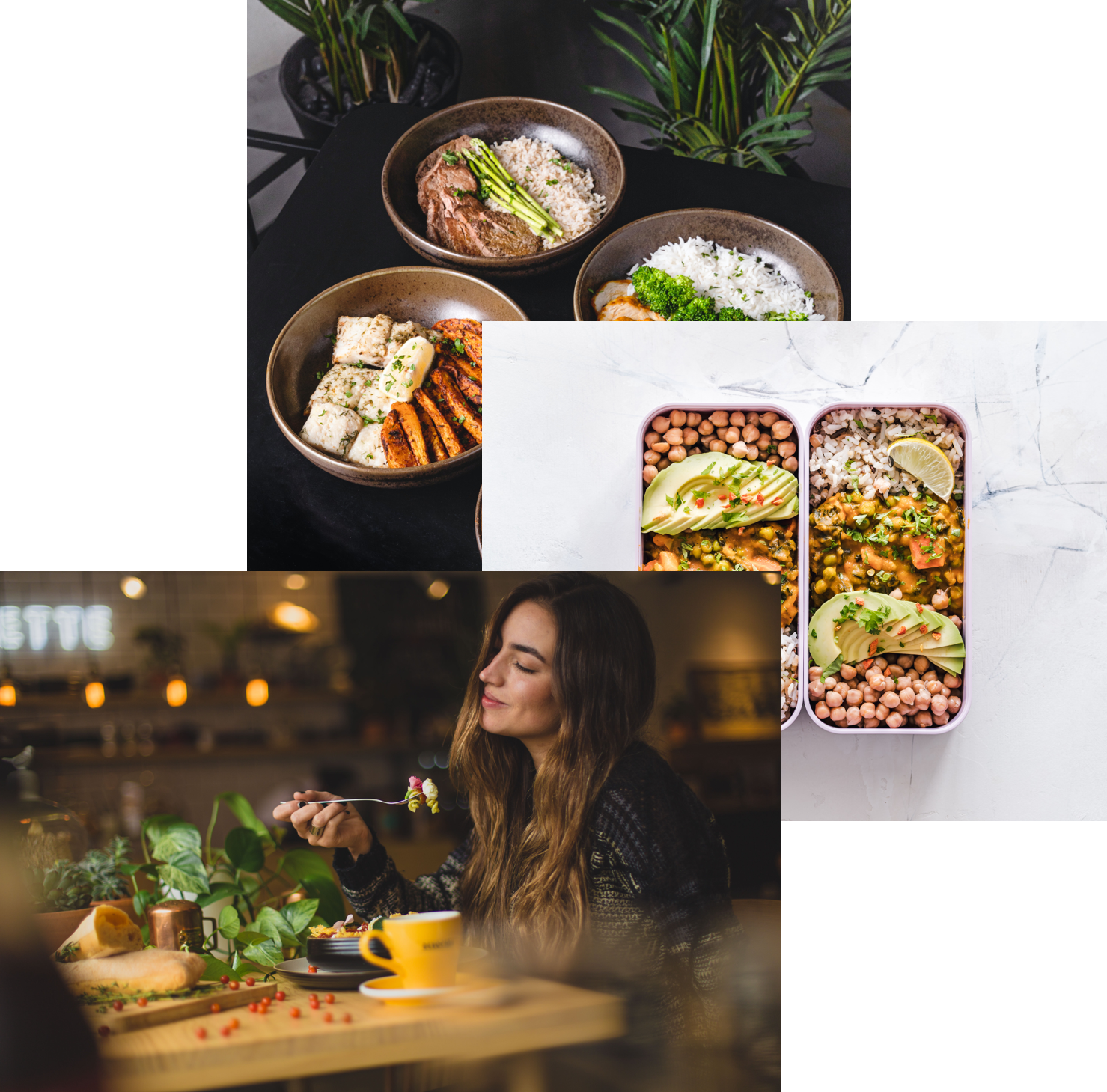 woman enjoying food, and food bowls on a table